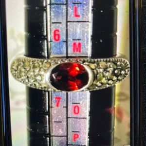 Sterling silver garnet and black diamonds, 925 size 6 1/2